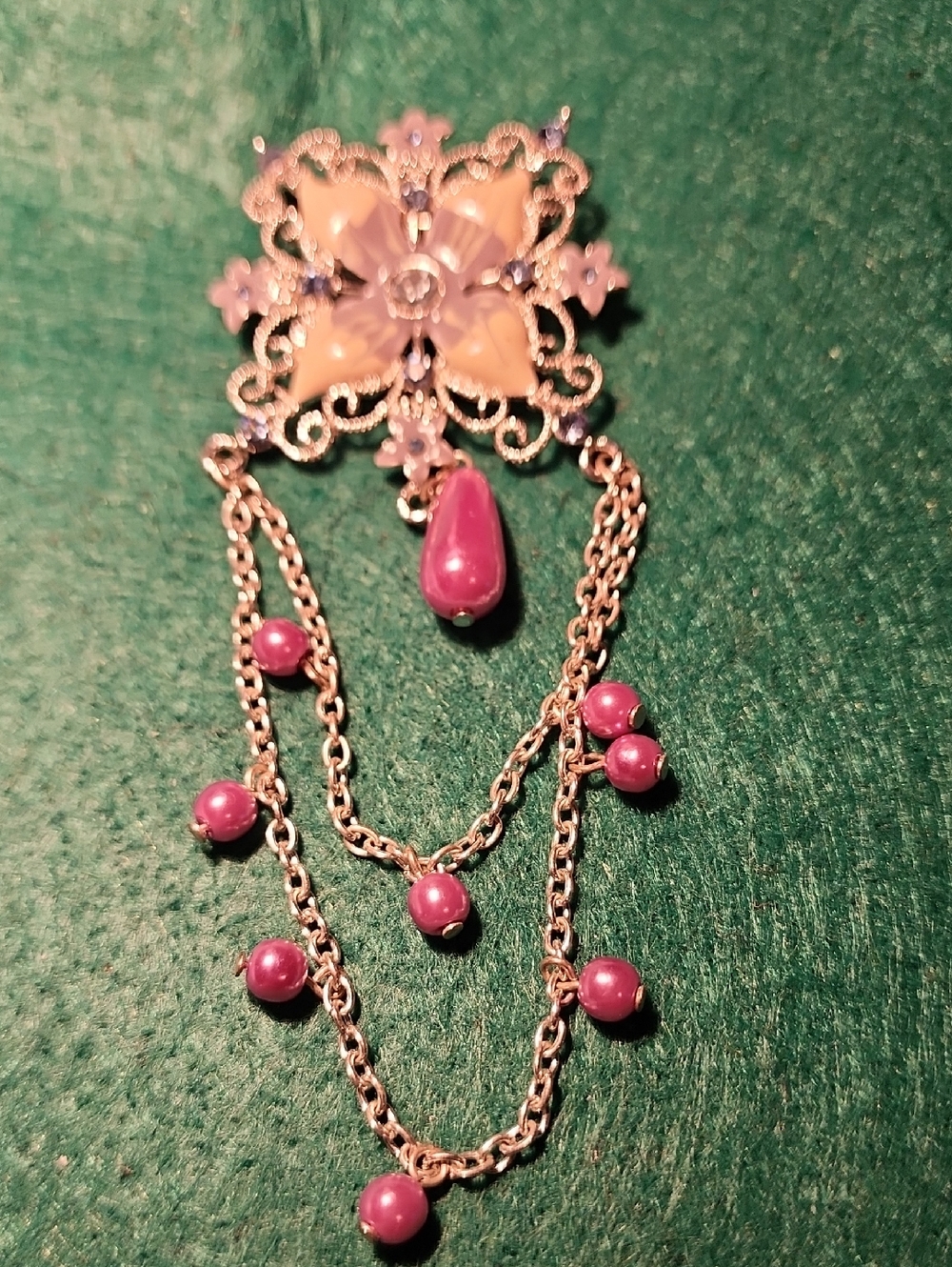 Vintage Pink Floral Drop Brooch.